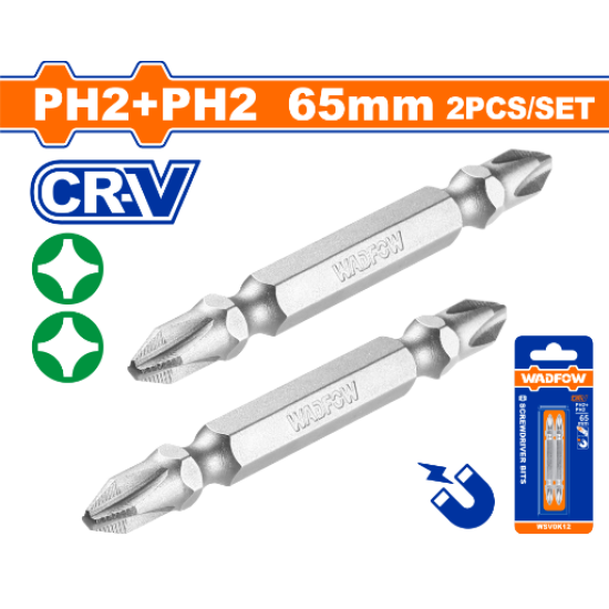 ดอกไขควงแฉก WADFOW PH2+PH2x65mm CR-V WSV0K12